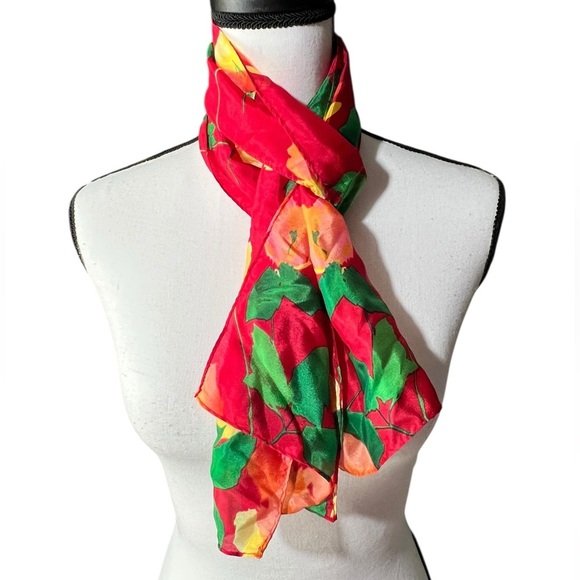 Beautiful Floral Red and Green Scarf, approx. 9”x53” - Picture 2 of 7